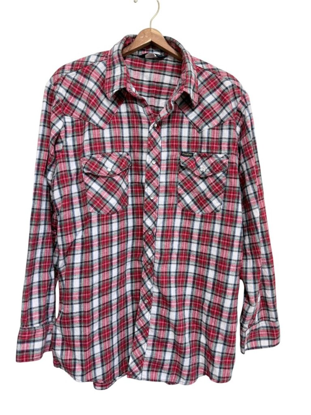 Vintage OshKosh BGosh Men Shirt Flannel Plaid Pearl Snap Western Size XL Long